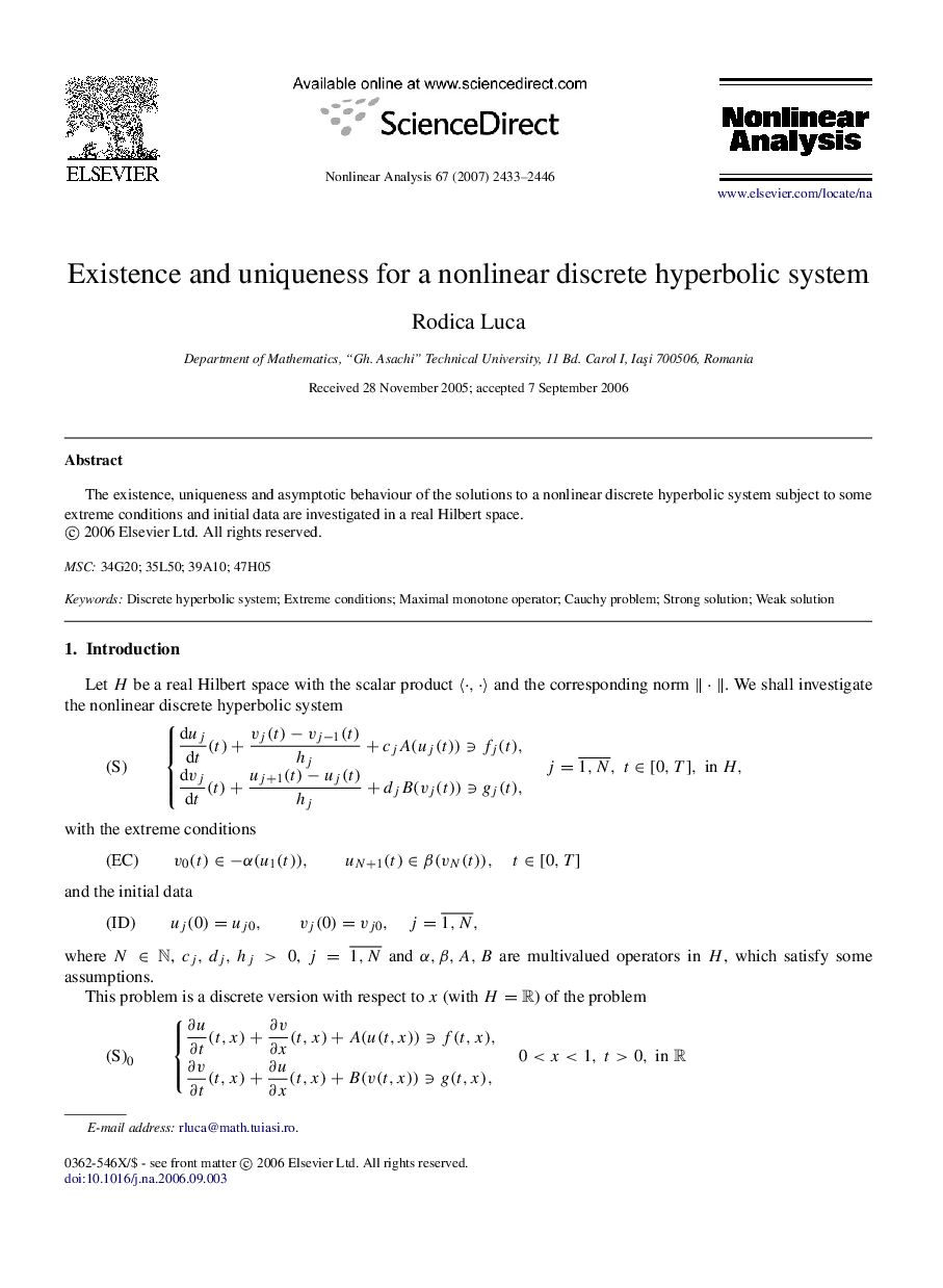 Existence and uniqueness for a nonlinear discrete hyperbolic system