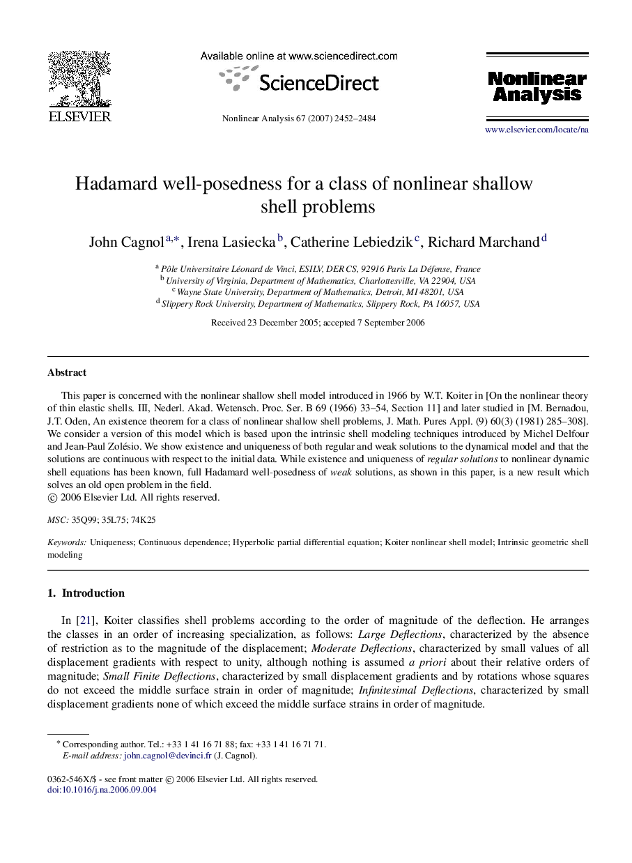 Hadamard well-posedness for a class of nonlinear shallow shell problems