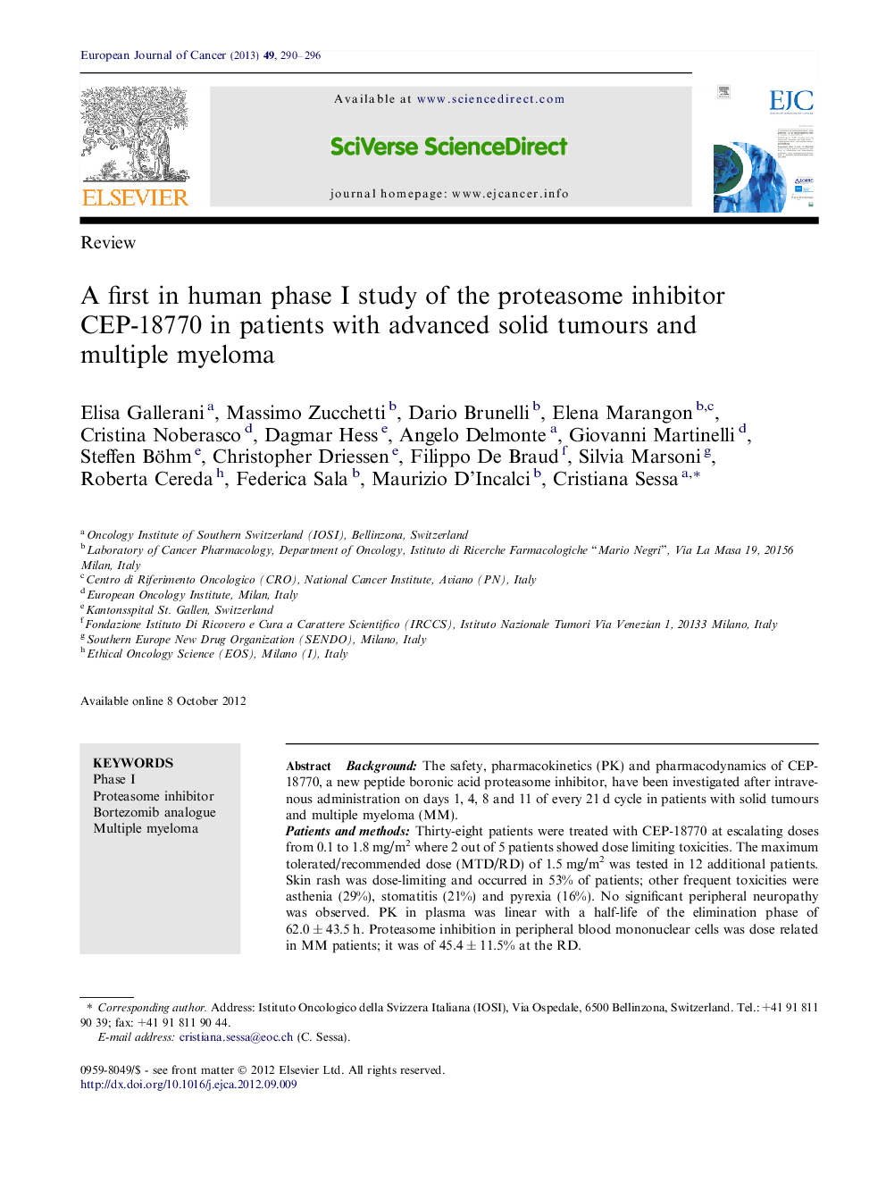 A first in human phase I study of the proteasome inhibitor CEP-18770 in patients with advanced solid tumours and multiple myeloma