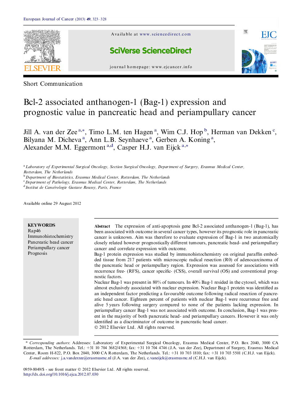 Bcl-2 associated anthanogen-1 (Bag-1) expression and prognostic value in pancreatic head and periampullary cancer