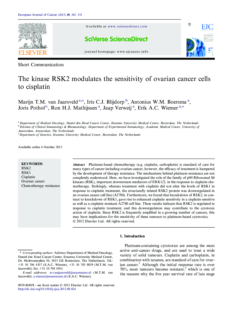 The kinase RSK2 modulates the sensitivity of ovarian cancer cells to cisplatin