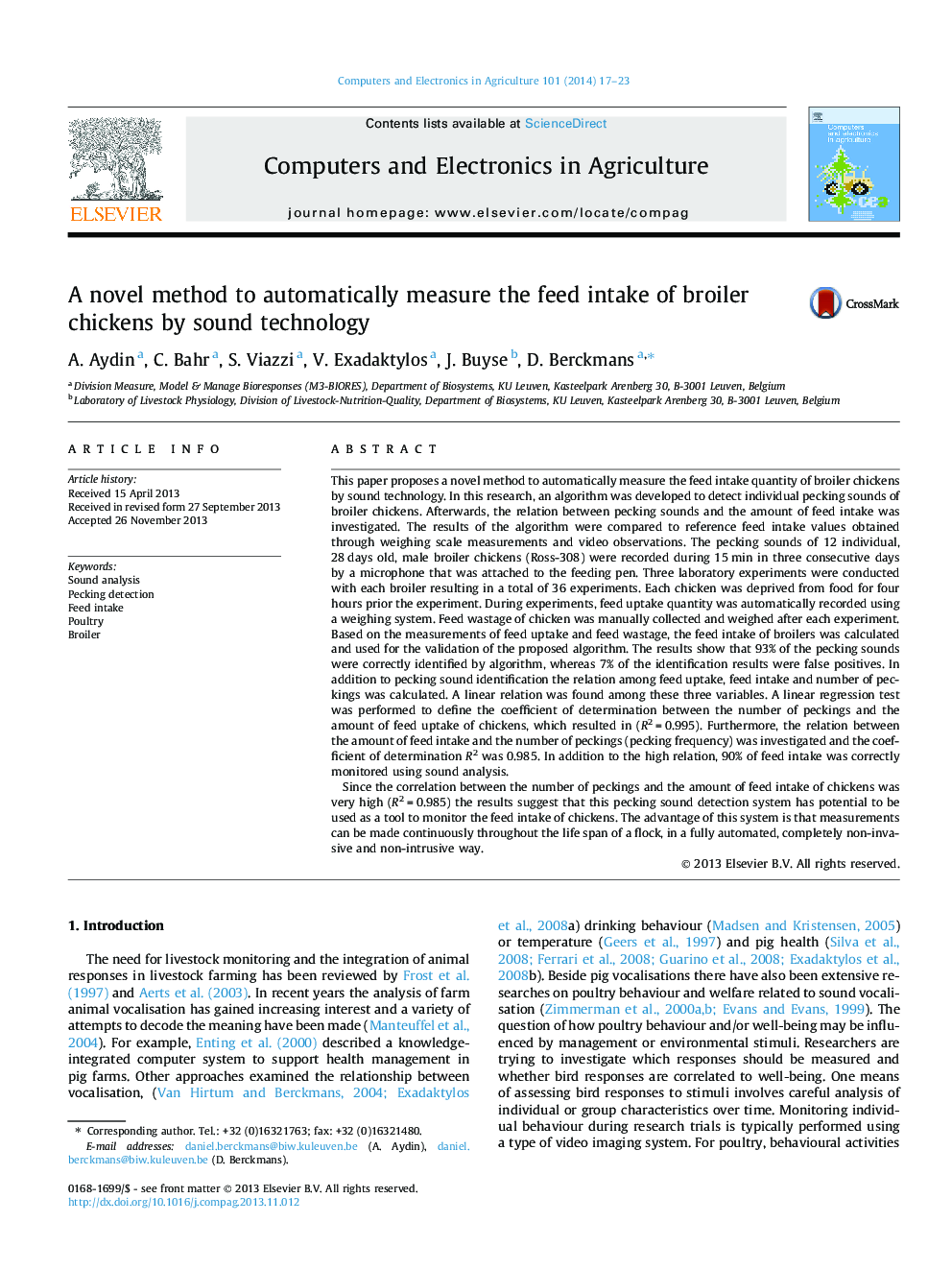 A novel method to automatically measure the feed intake of broiler chickens by sound technology