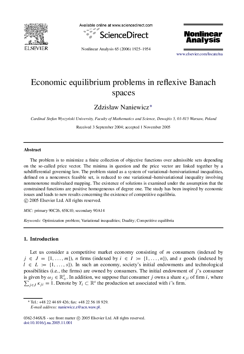 Economic equilibrium problems in reflexive Banach spaces