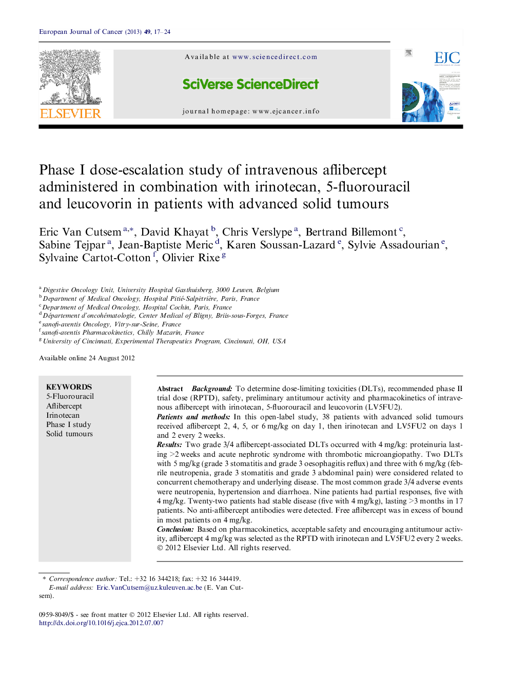 Phase I dose-escalation study of intravenous aflibercept administered in combination with irinotecan, 5-fluorouracil and leucovorin in patients with advanced solid tumours