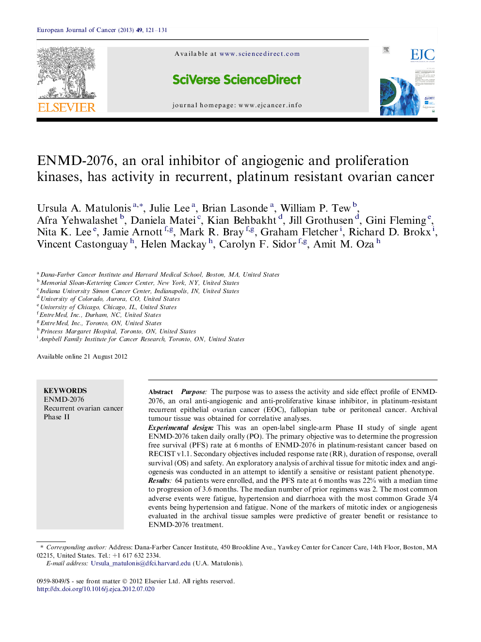 ENMD-2076, an oral inhibitor of angiogenic and proliferation kinases, has activity in recurrent, platinum resistant ovarian cancer