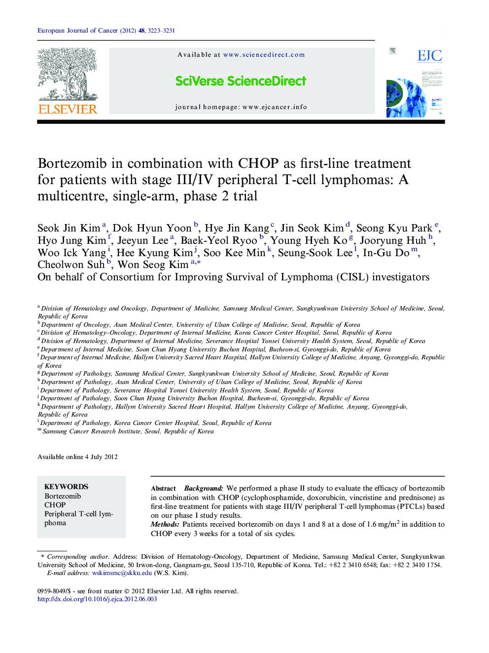 Bortezomib in combination with CHOP as first-line treatment for patients with stage III/IV peripheral T-cell lymphomas: A multicentre, single-arm, phase 2 trial