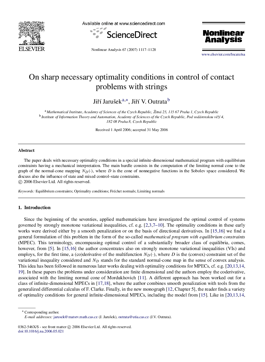 On sharp necessary optimality conditions in control of contact problems with strings