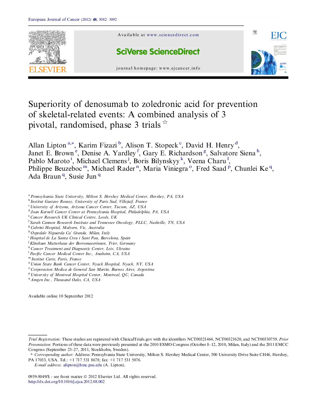 Superiority of denosumab to zoledronic acid for prevention of skeletal-related events: A combined analysis of 3 pivotal, randomised, phase 3 trials