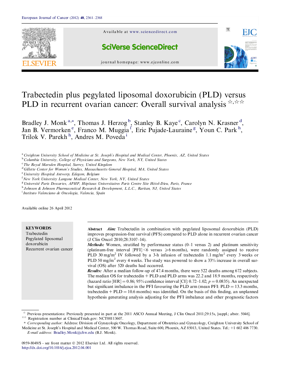 Trabectedin plus pegylated liposomal doxorubicin (PLD) versus PLD in recurrent ovarian cancer: Overall survival analysis