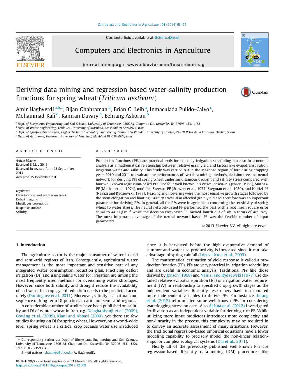 Deriving data mining and regression based water-salinity production functions for spring wheat (Triticum aestivum)