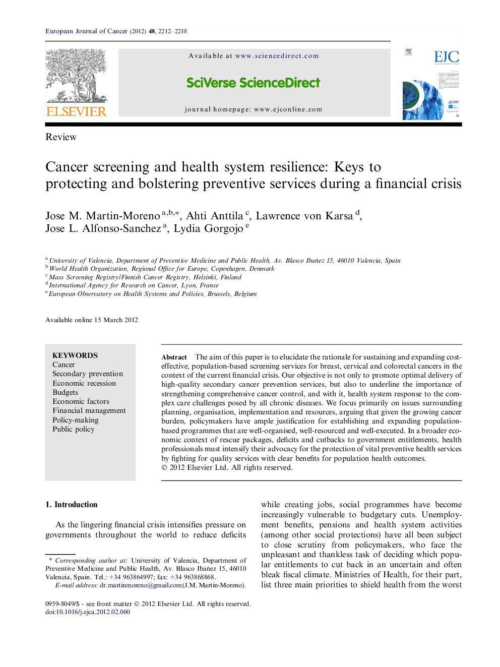 Cancer screening and health system resilience: Keys to protecting and bolstering preventive services during a financial crisis