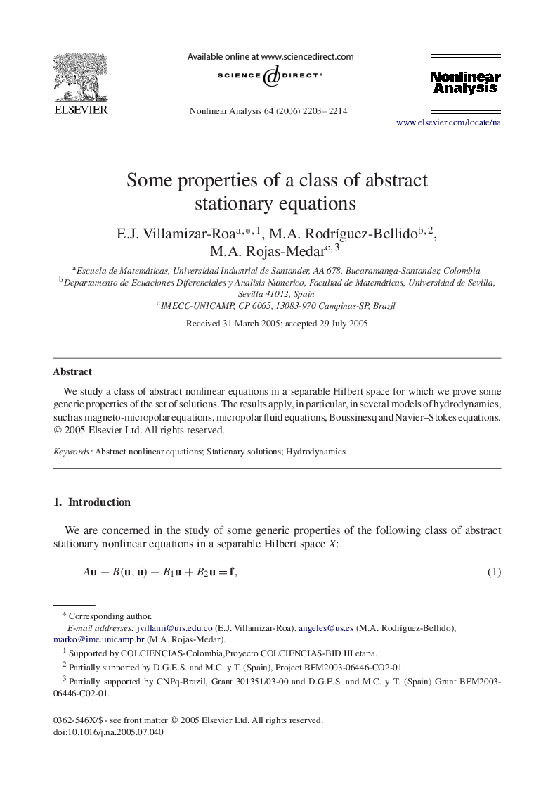 Some properties of a class of abstract stationary equations