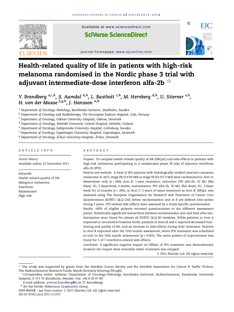 Health-related quality of life in patients with high-risk melanoma randomised in the Nordic phase 3 trial with adjuvant intermediate-dose interferon alfa-2b