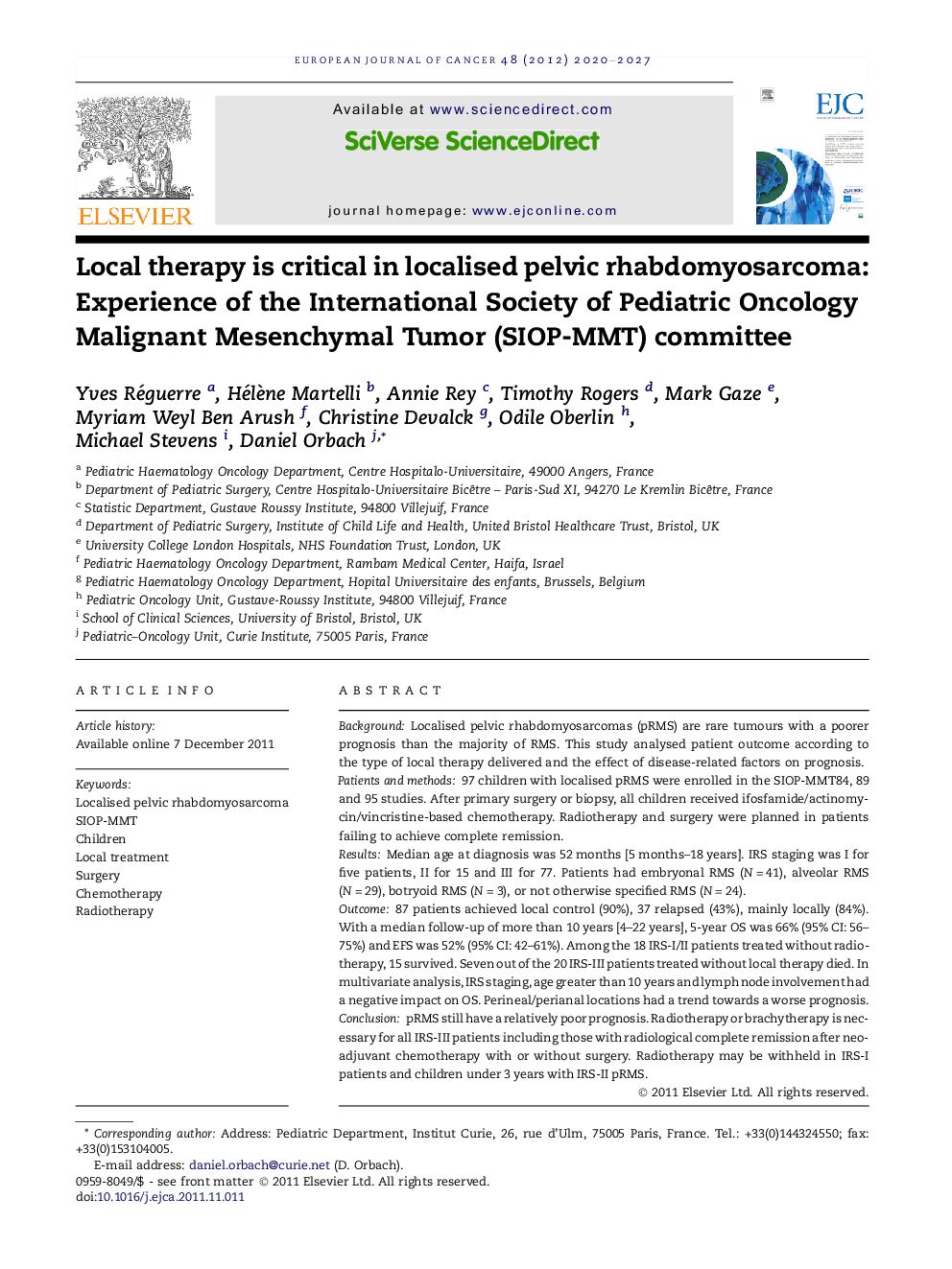 عکس صفحه اول مقاله: Local therapy is critical in localised pelvic rhabdomyosarcoma: Experience of the International Society of Pediatric Oncology Malignant Mesenchymal Tumor (SIOP-MMT) committee Local therapy is critical in localised pelvic rhabdomyosarcoma: Experience of the International Society of Pediatric Oncology Malignant Mesenchymal Tumor (SIOP-MMT) committee