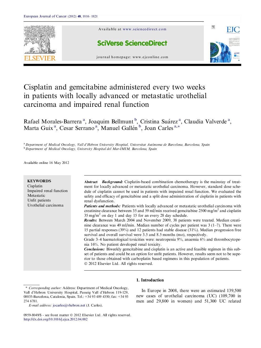 Cisplatin and gemcitabine administered every two weeks in patients with locally advanced or metastatic urothelial carcinoma and impaired renal function