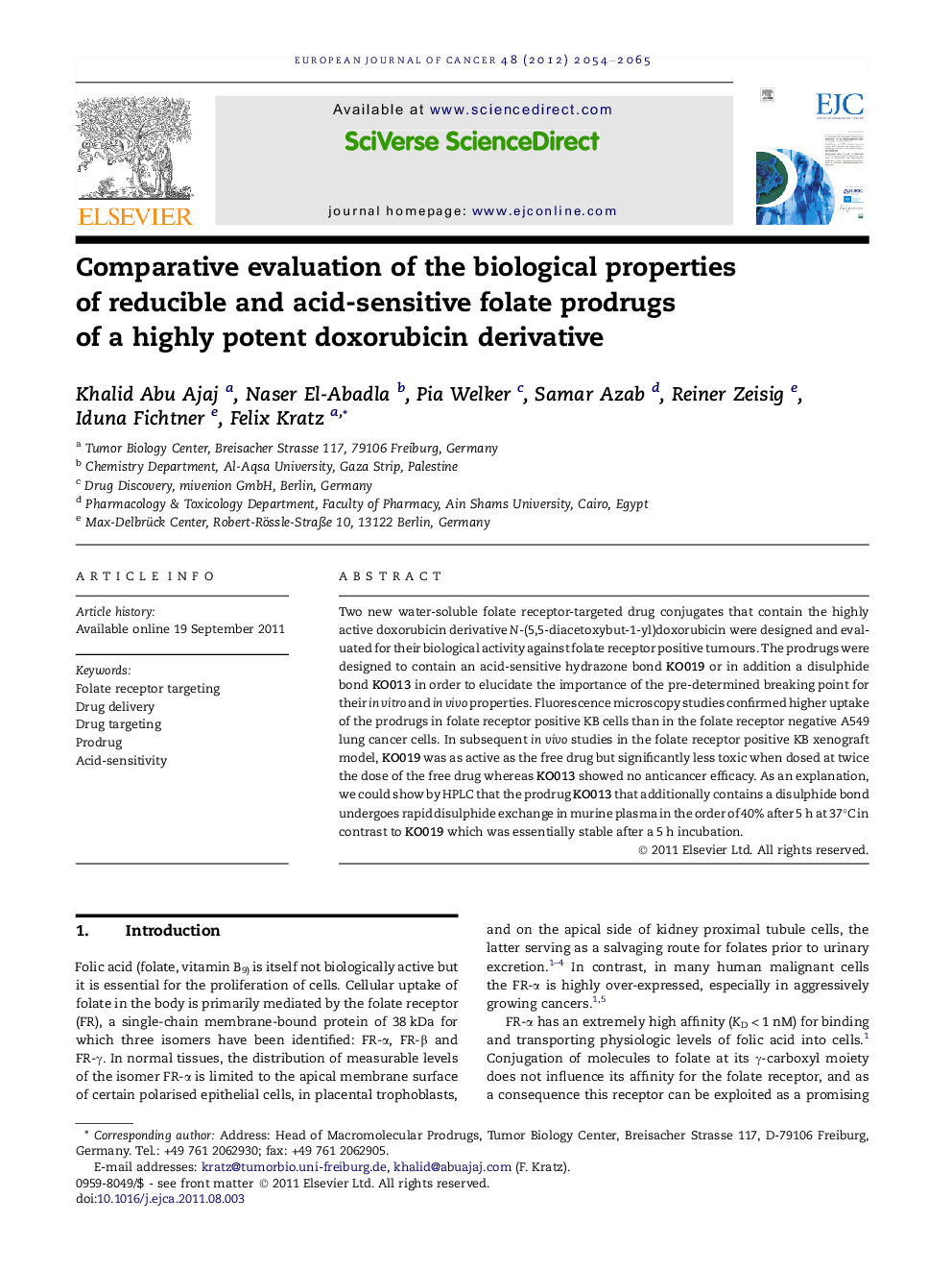 Comparative evaluation of the biological properties of reducible and acid-sensitive folate prodrugs of a highly potent doxorubicin derivative