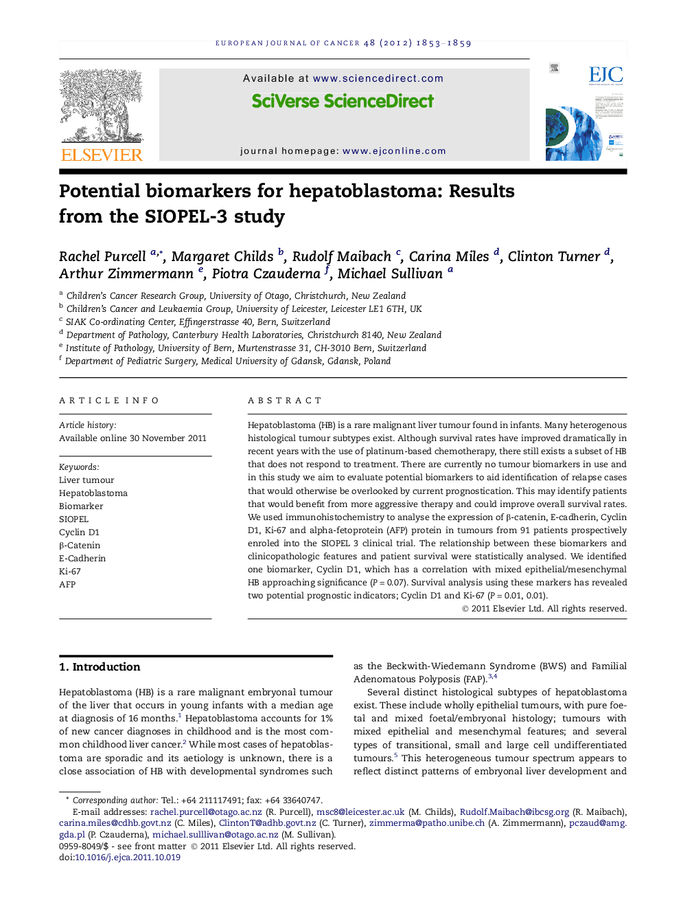 Potential biomarkers for hepatoblastoma: Results from the SIOPEL-3 study