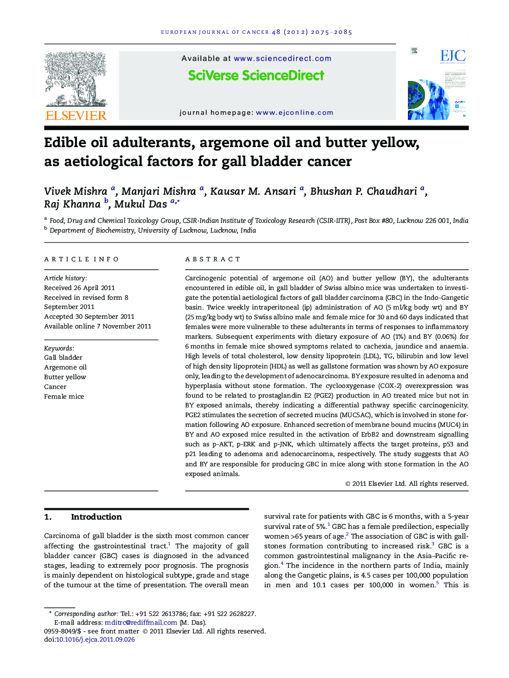 Edible oil adulterants, argemone oil and butter yellow, as aetiological factors for gall bladder cancer