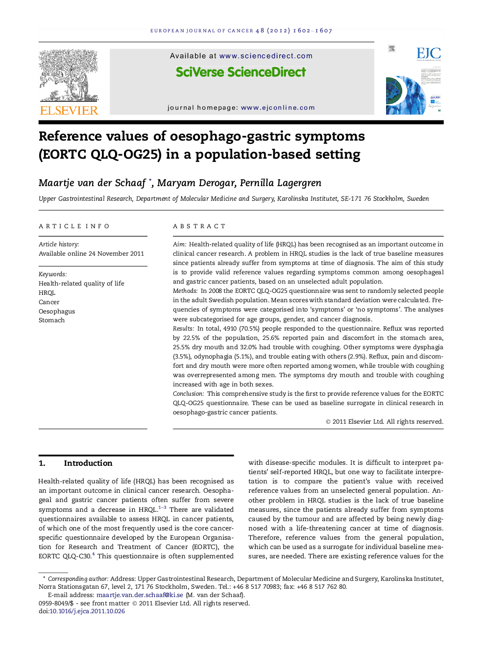 Reference values of oesophago-gastric symptoms (EORTC QLQ-OG25) in a population-based setting