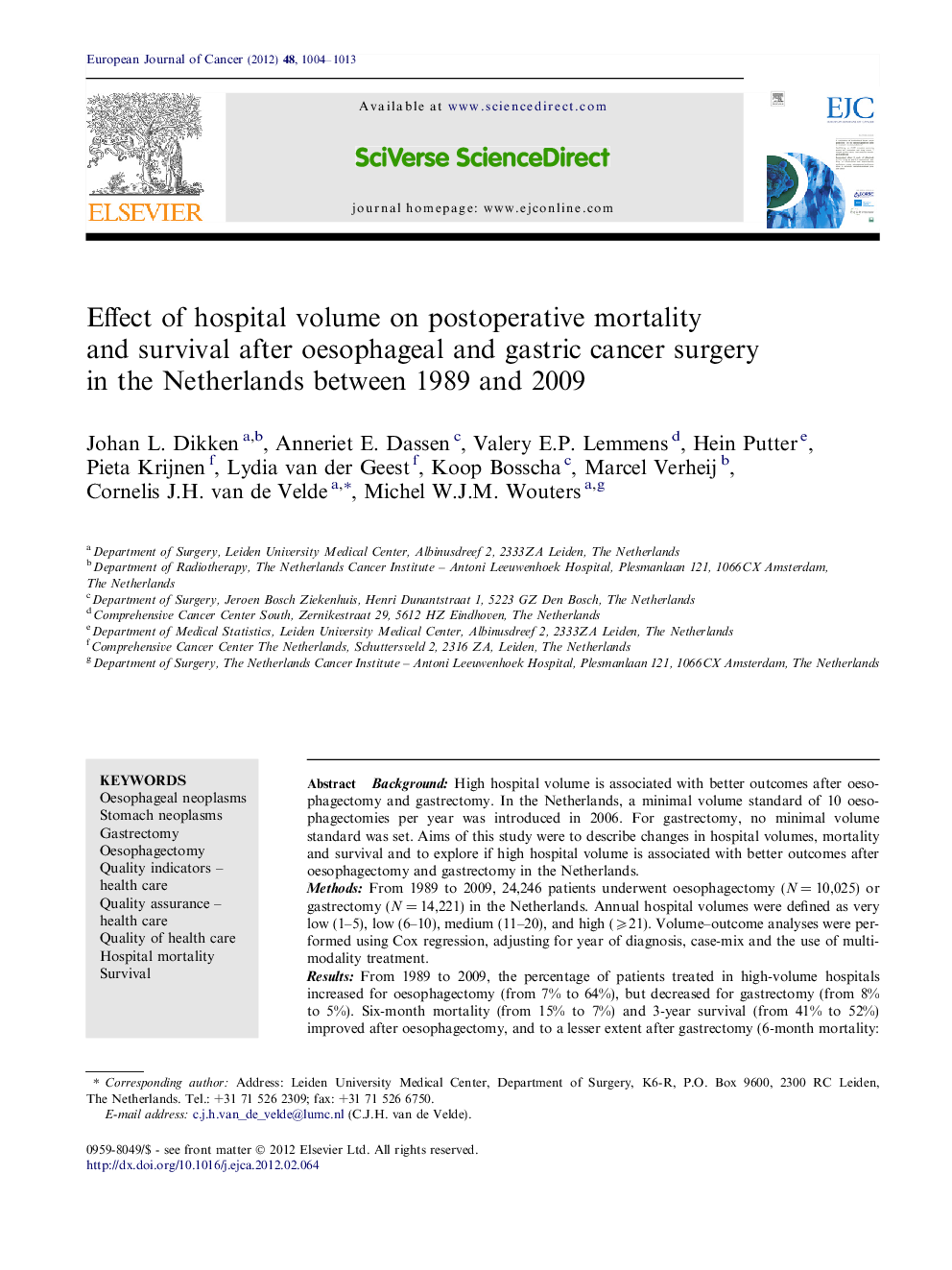 Effect of hospital volume on postoperative mortality and survival after oesophageal and gastric cancer surgery in the Netherlands between 1989 and 2009