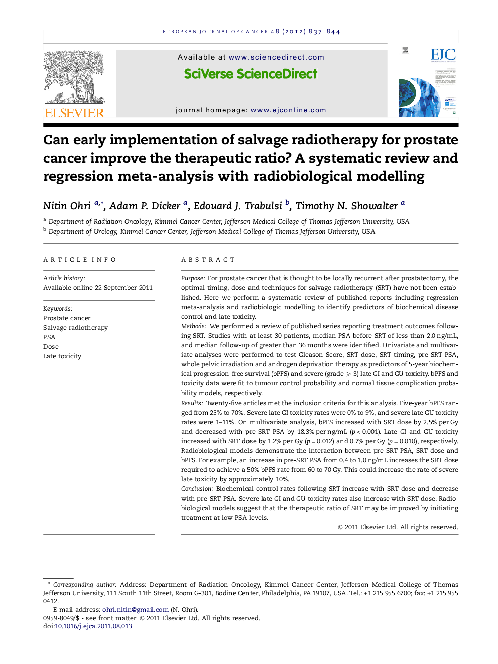 Can early implementation of salvage radiotherapy for prostate cancer improve the therapeutic ratio? A systematic review and regression meta-analysis with radiobiological modelling