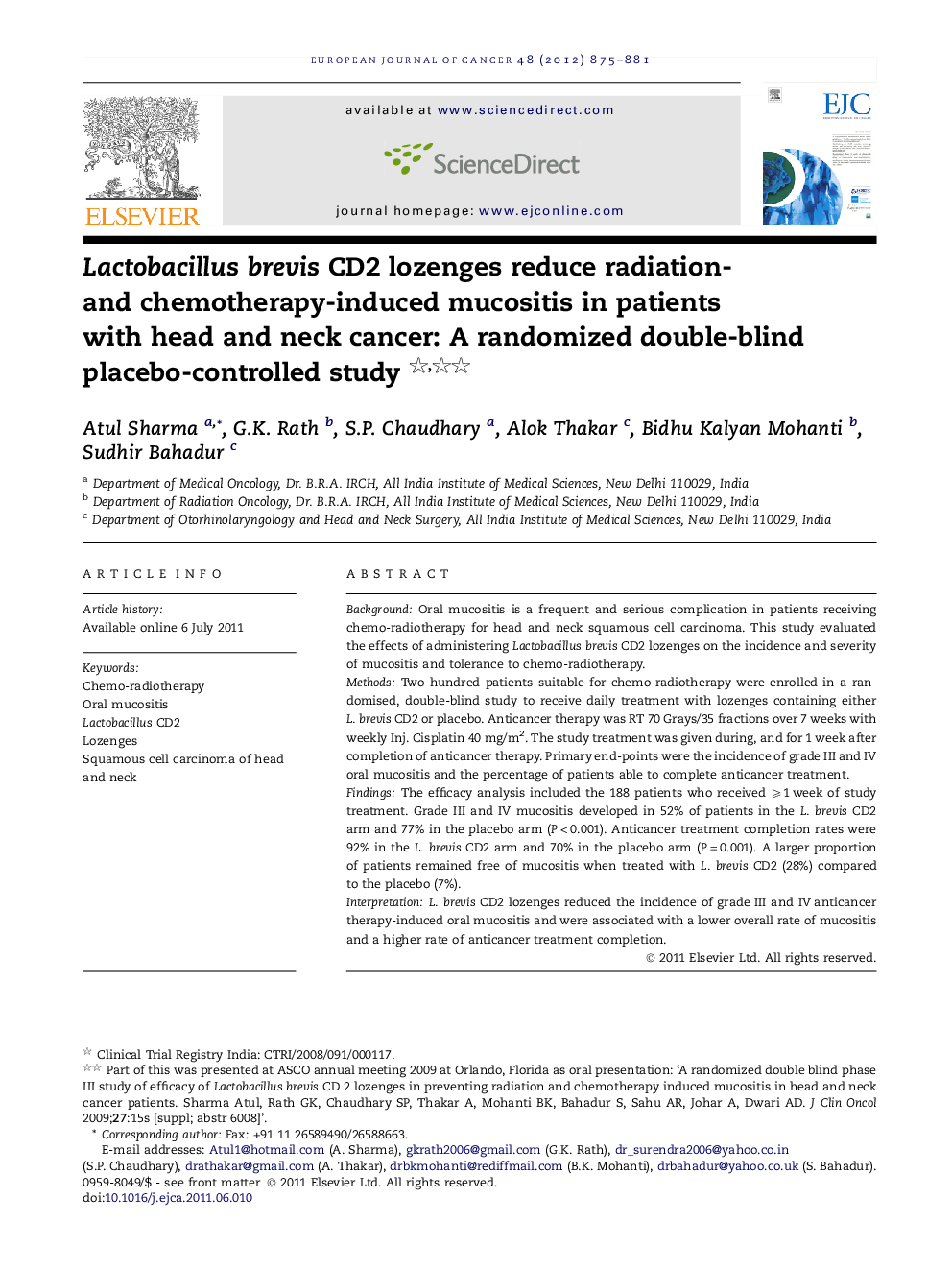 Lactobacillus brevis CD2 lozenges reduce radiation- and chemotherapy-induced mucositis in patients with head and neck cancer: A randomized double-blind placebo-controlled study