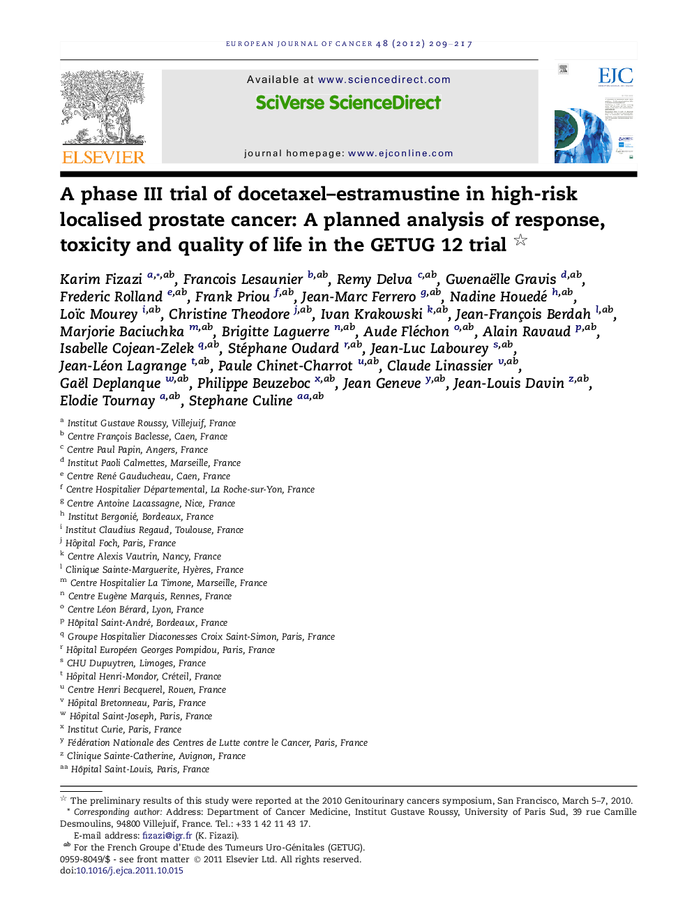 A phase III trial of docetaxel-estramustine in high-risk localised prostate cancer: A planned analysis of response, toxicity and quality of life in the GETUG 12 trial