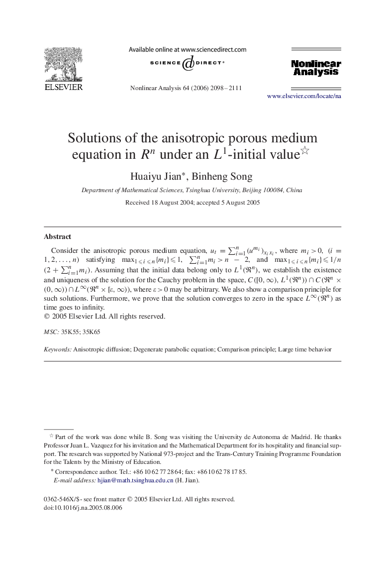 Solutions of the anisotropic porous medium equation in RnRn under an L1L1-initial value 