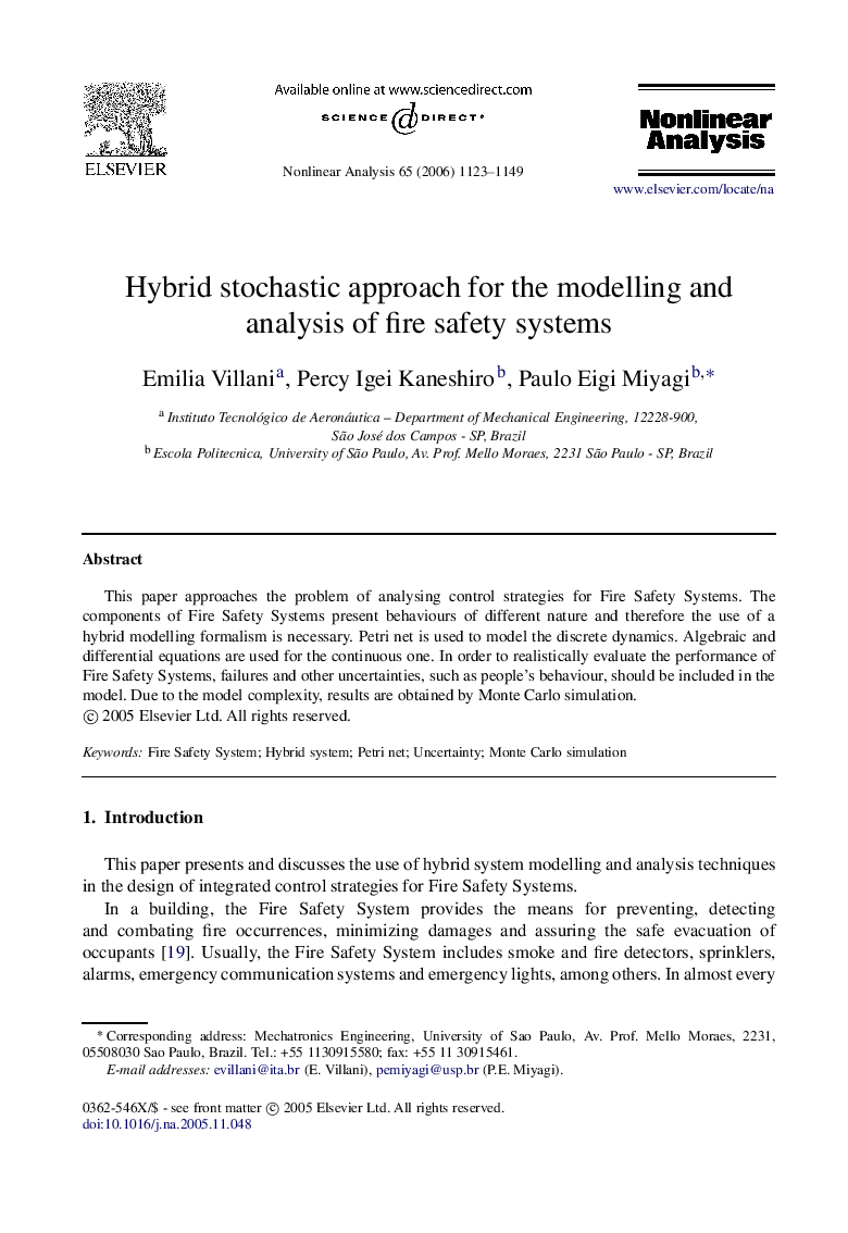 Hybrid stochastic approach for the modelling and analysis of fire safety systems