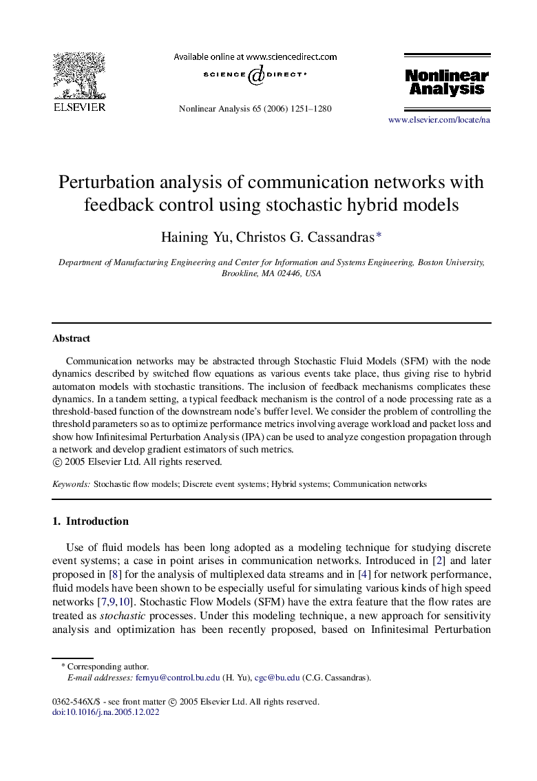 Perturbation analysis of communication networks with feedback control using stochastic hybrid models