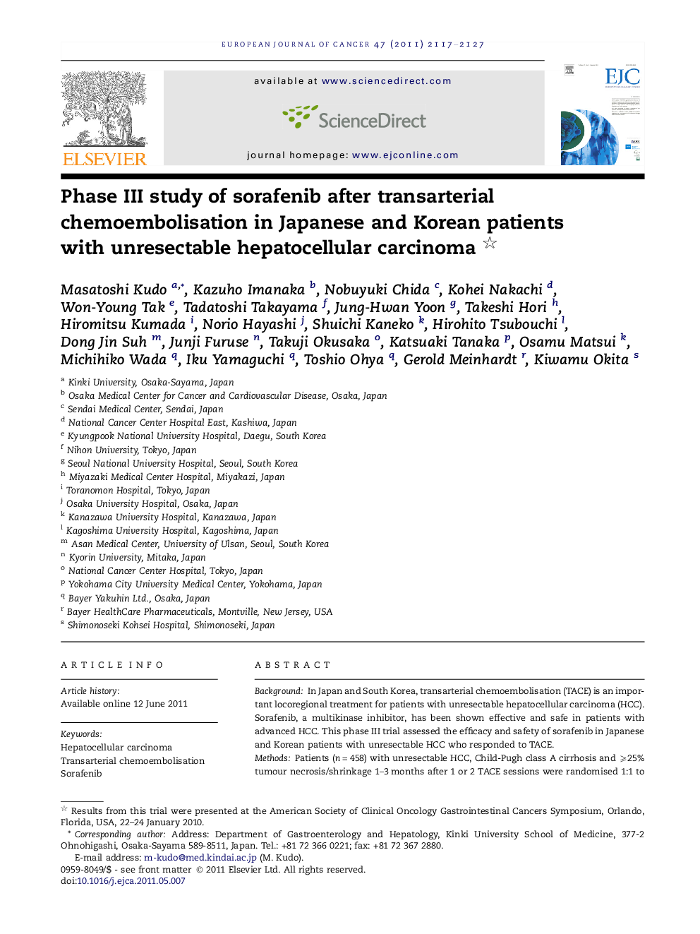 Phase III study of sorafenib after transarterial chemoembolisation in Japanese and Korean patients with unresectable hepatocellular carcinoma