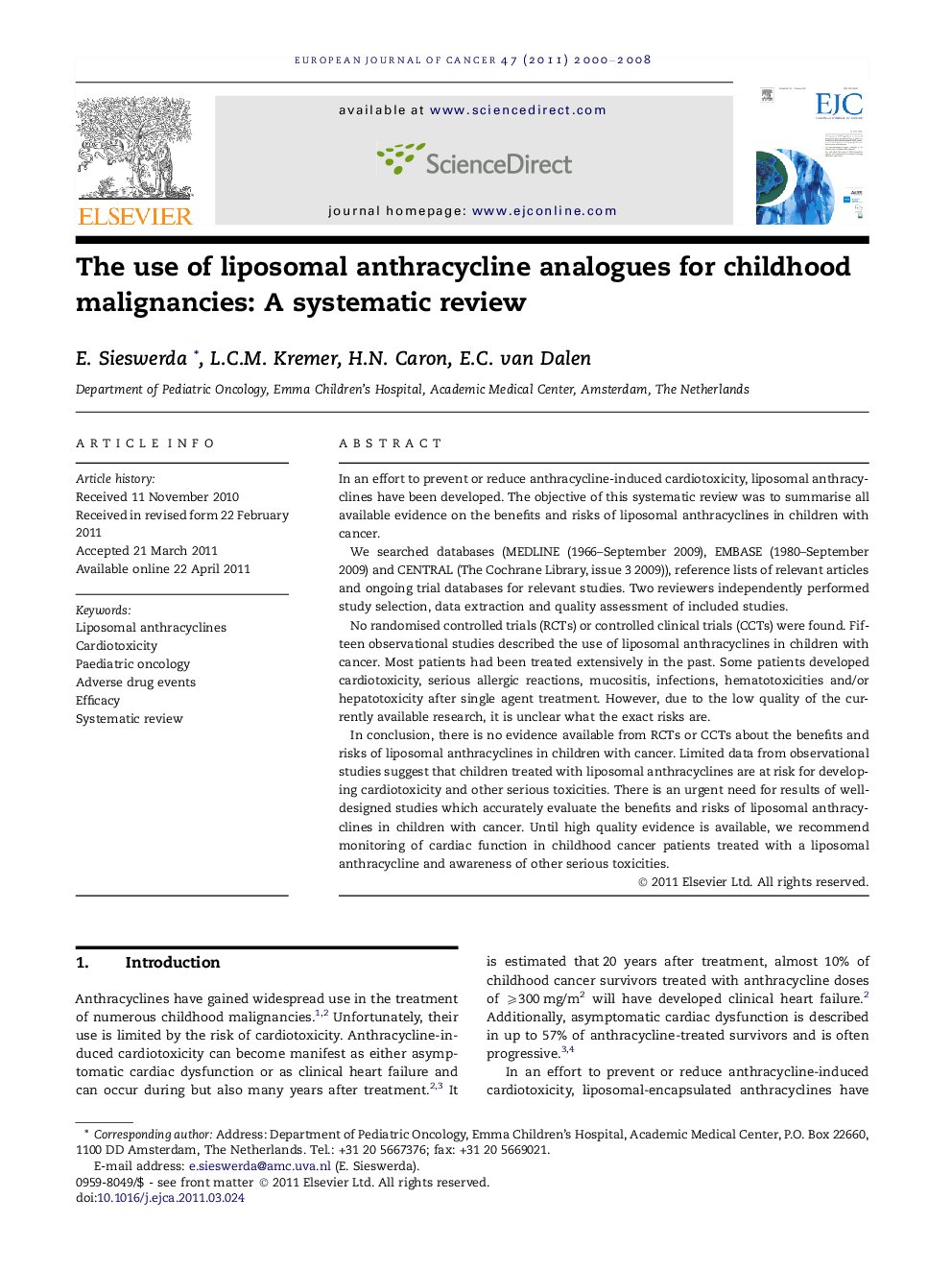 The use of liposomal anthracycline analogues for childhood malignancies: A systematic review