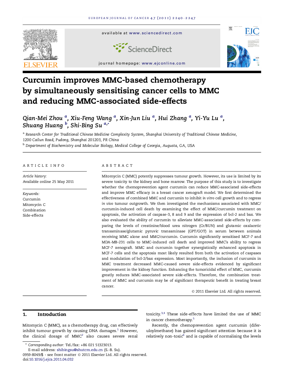 Curcumin improves MMC-based chemotherapy by simultaneously sensitising cancer cells to MMC and reducing MMC-associated side-effects