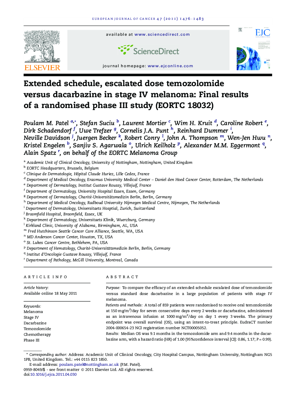 عکس صفحه اول مقاله: Extended schedule, escalated dose temozolomide versus dacarbazine in stage IV melanoma: Final results of a randomised phase III study (EORTC 18032) Extended schedule, escalated dose temozolomide versus dacarbazine in stage IV melanoma: Final results of a randomised phase III study (EORTC 18032)
