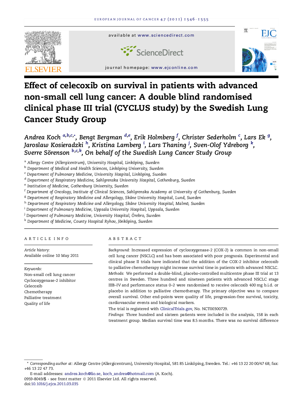 Effect of celecoxib on survival in patients with advanced non-small cell lung cancer: A double blind randomised clinical phase III trial (CYCLUS study) by the Swedish Lung Cancer Study Group