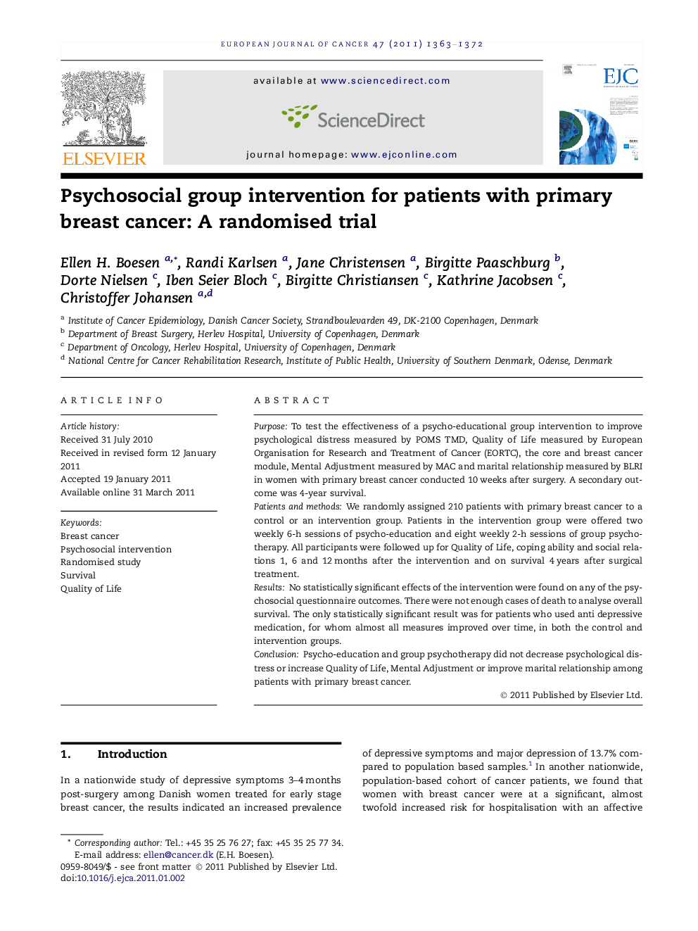 Psychosocial group intervention for patients with primary breast cancer: A randomised trial