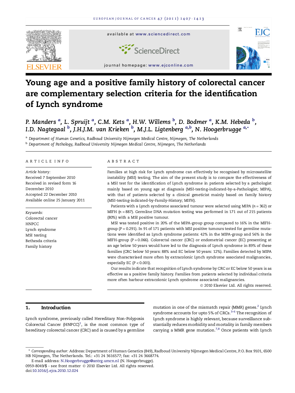 عکس صفحه اول مقاله: Young age and a positive family history of colorectal cancer are complementary selection criteria for the identification of Lynch syndrome Young age and a positive family history of colorectal cancer are complementary selection criteria for the identification of Lynch syndrome