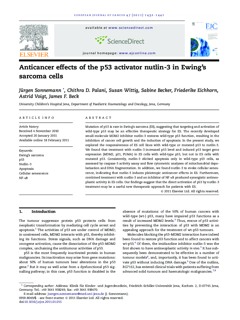 Anticancer effects of the p53 activator nutlin-3 in Ewing's sarcoma cells