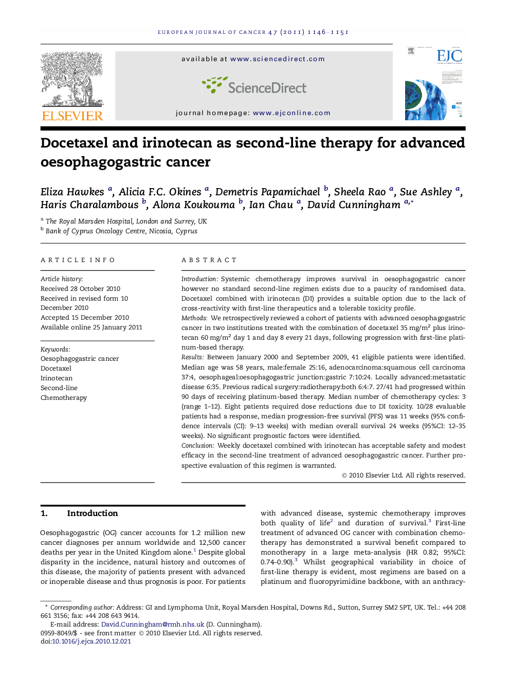 Docetaxel and irinotecan as second-line therapy for advanced oesophagogastric cancer