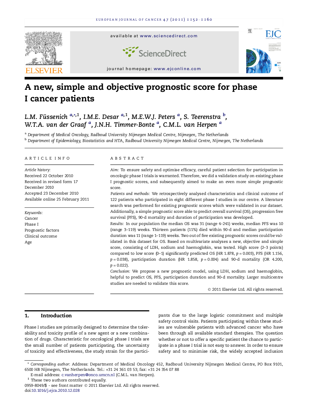 A new, simple and objective prognostic score for phase I cancer patients