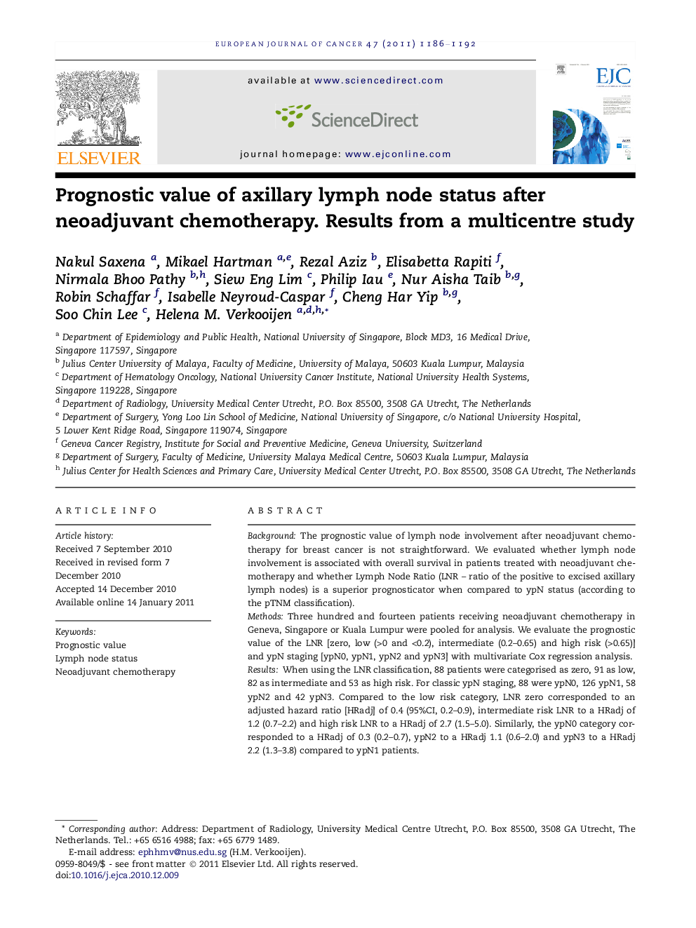 Prognostic value of axillary lymph node status after neoadjuvant chemotherapy. Results from a multicentre study