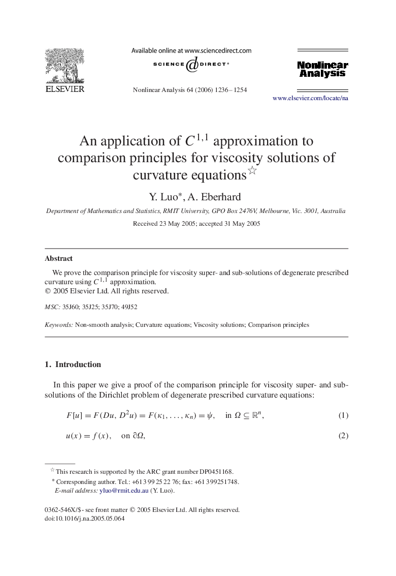 An application of C1,1C1,1 approximation to comparison principles for viscosity solutions of curvature equations 