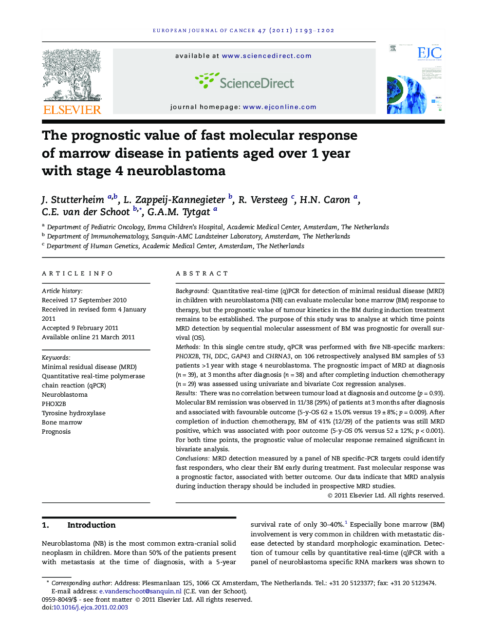 The prognostic value of fast molecular response of marrow disease in patients aged over 1Â year with stage 4 neuroblastoma