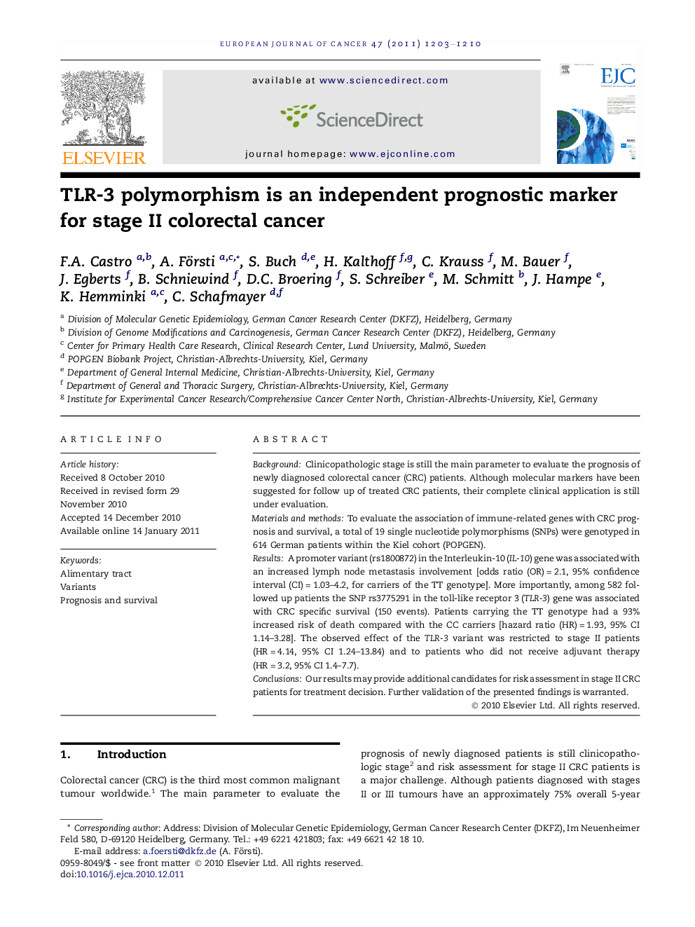 TLR-3 polymorphism is an independent prognostic marker for stage II colorectal cancer