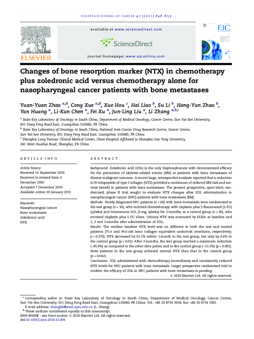 Changes of bone resorption marker (NTX) in chemotherapy plus zoledronic acid versus chemotherapy alone for nasopharyngeal cancer patients with bone metastases