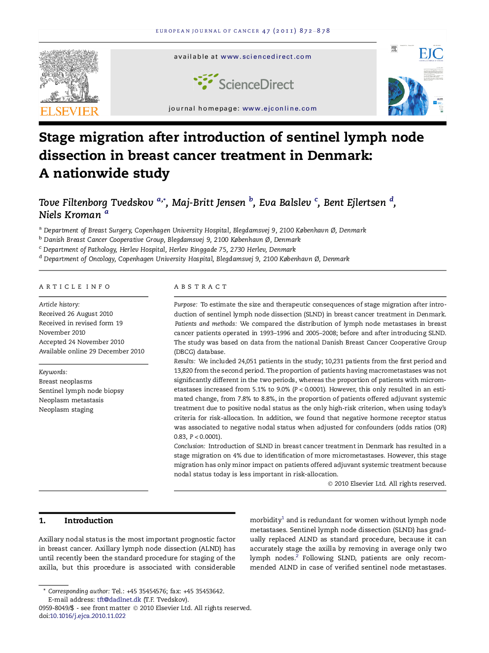 Stage migration after introduction of sentinel lymph node dissection in breast cancer treatment in Denmark: A nationwide study