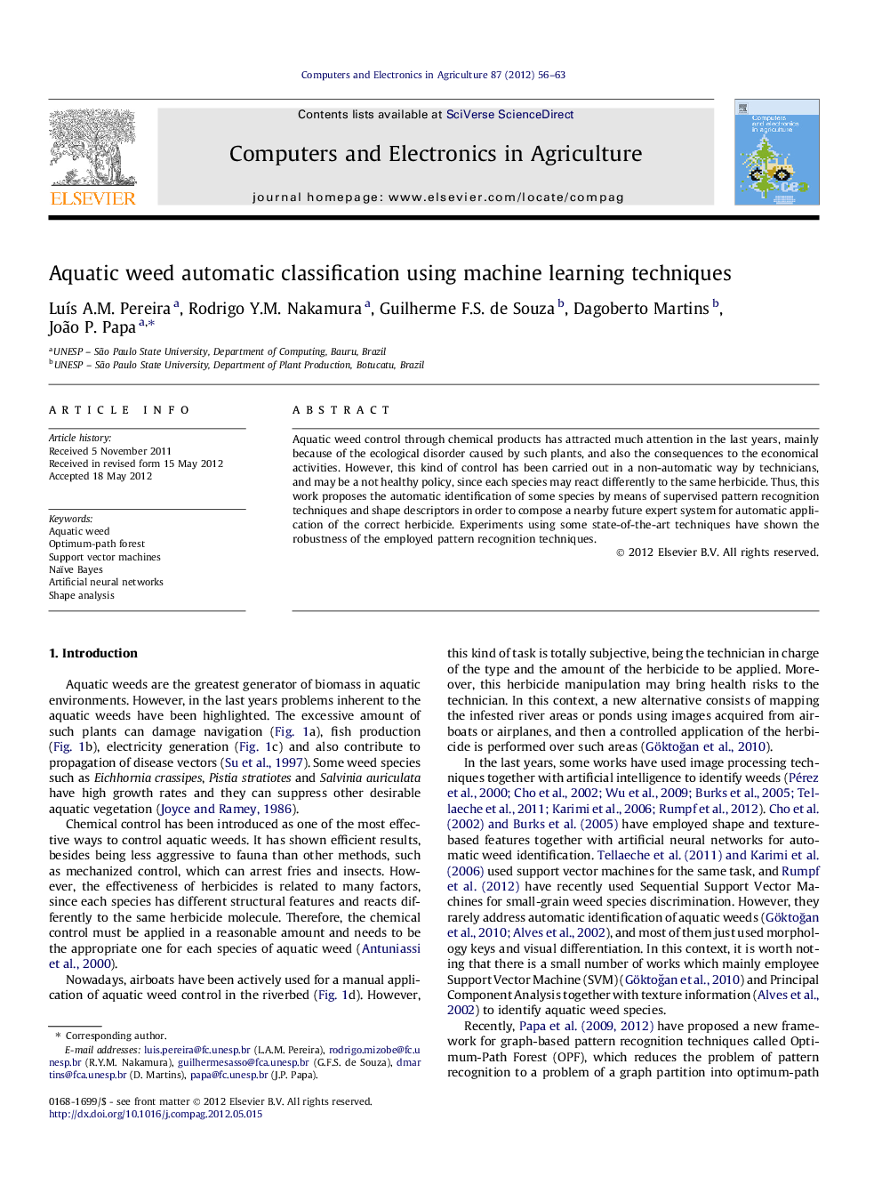 Aquatic weed automatic classification using machine learning techniques