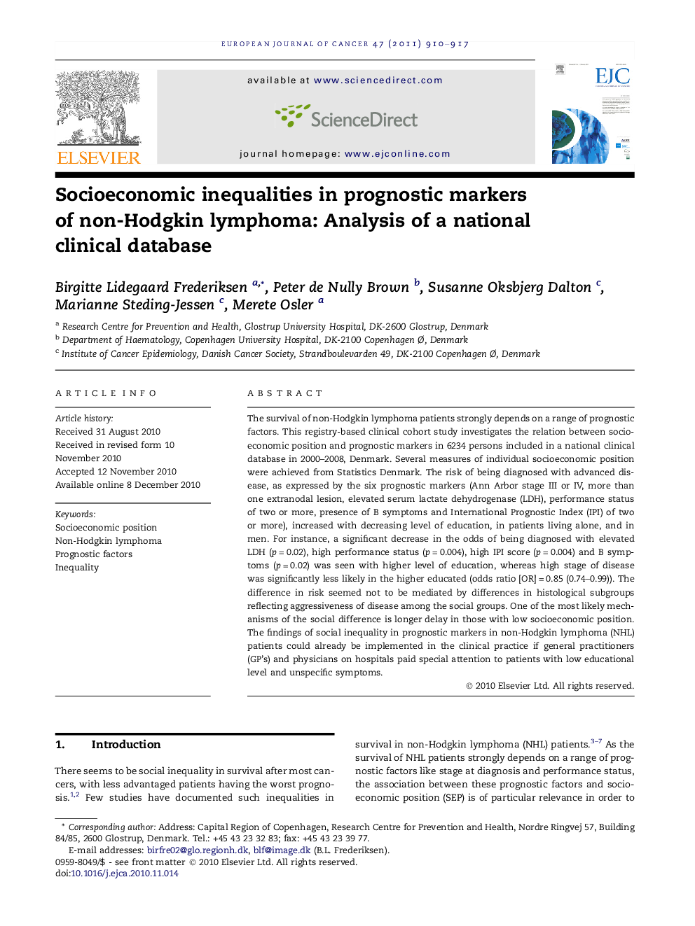 Socioeconomic inequalities in prognostic markers of non-Hodgkin lymphoma: Analysis of a national clinical database