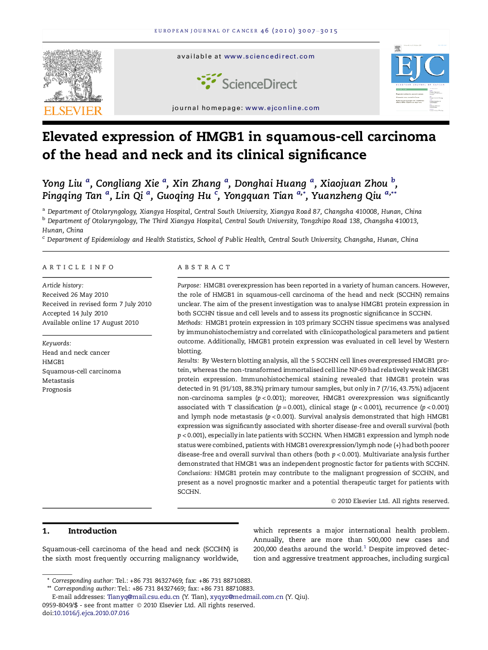 Elevated expression of HMGB1 in squamous-cell carcinoma of the head and neck and its clinical significance