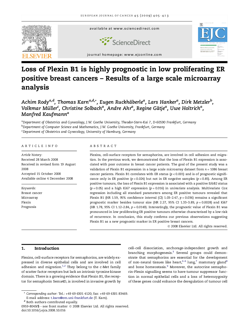 Loss of Plexin B1 is highly prognostic in low proliferating ER positive breast cancers - Results of a large scale microarray analysis